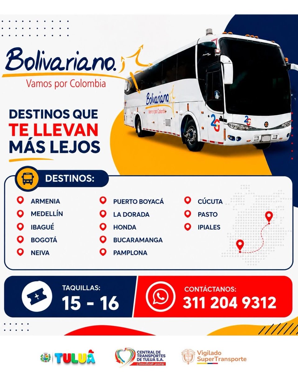 TerminalTulua's tweet photo. 🚌✨ ¡Viaja cómodo, seguro y directo
Con Bolivariano conectamos historias, familias y sueños por toda Colombia 🇨🇴

📍Armenia, Medellín, Bogotá, Bucaramanga, Cúcuta, Pasto y muchos destinos más te esperan.

🎟️ Encuéntranos en las taquillas 15 y 16
📲 Más información: 311 204 9312 https://t.co/baoIT3StzC