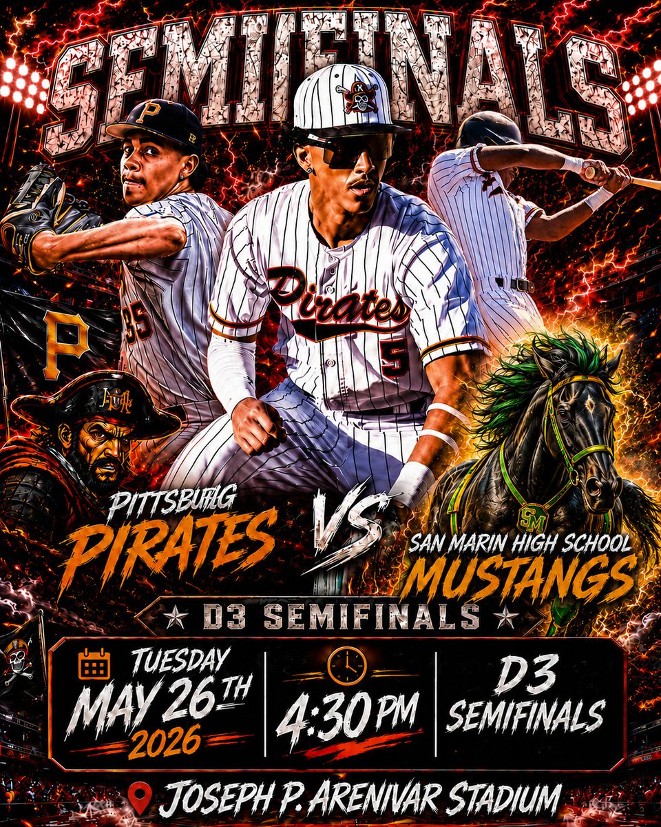 PHSPIRATESBASE's tweet photo. Come support as the Pittsburg HS Pirates Host San Marin HS Mustangs
Tuesday May 26nd, 2026 - 4:30 pm
Joseph P. Arenivar Stadium https://t.co/lsIiBZC4CK