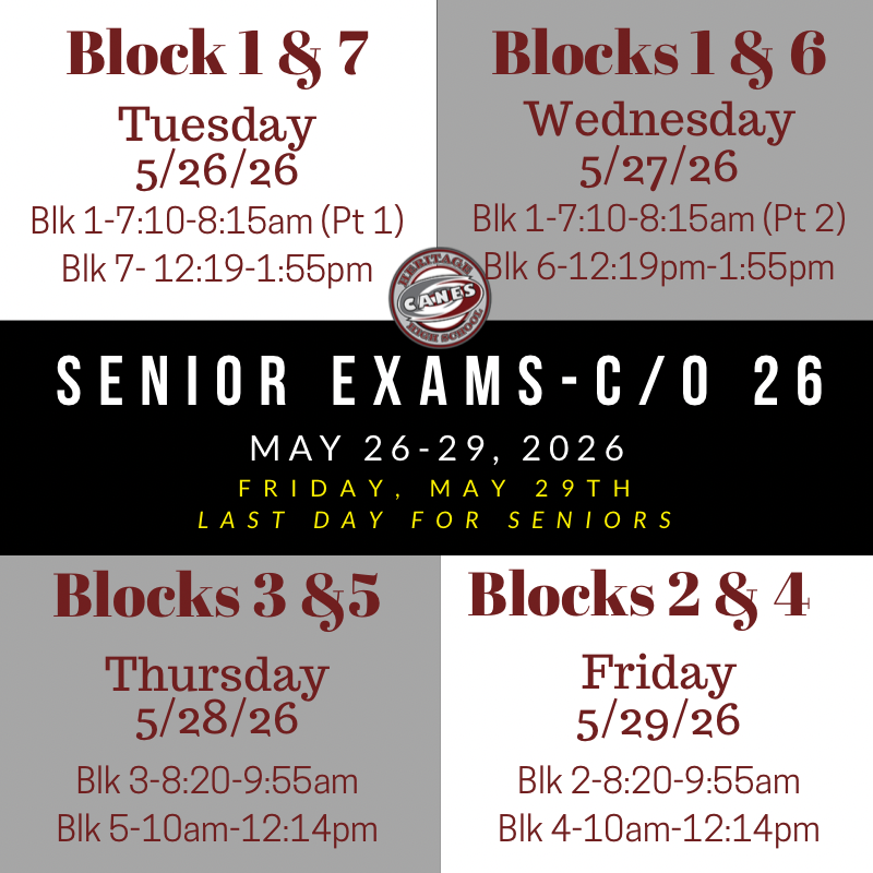HeritageHS's tweet photo. Attention Seniors… exams start tomorrow. Please note they are regular school days unless you have an exemption.

Also, Jostens returns for final delivery on the 27th and rehearsals are the 28th and 29th at HHS and June 4th. Read flyers. https://t.co/uzdEOx4UKi