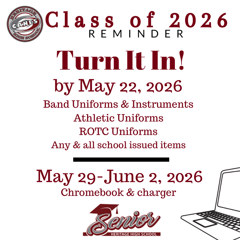 HeritageHS's tweet photo. Attention Seniors… exams start tomorrow. Please note they are regular school days unless you have an exemption.

Also, Jostens returns for final delivery on the 27th and rehearsals are the 28th and 29th at HHS and June 4th. Read flyers. https://t.co/uzdEOx4UKi