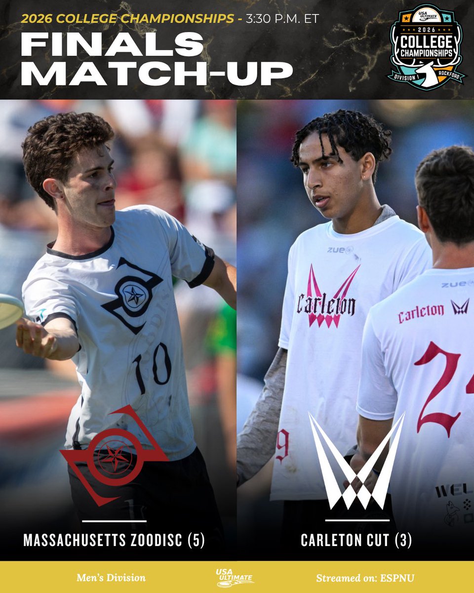 USAUltimate's tweet photo. THE CONCLUSION OF THE 2026 COLLEGE SEASON IS UP NEXT 🏆📺

In the men’s division, Zoodisc faces off with reigning champs Cut for a national championship! Can UMass claim their first title since 1986? Or will Carleton go back to back and complete the sweep? Watch it all on ESPNU: https://t.co/cVM58qjwiQ

#USAUCollegeChamps | #USAUltimate