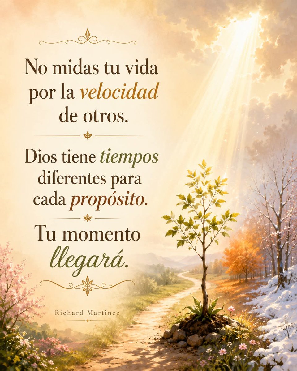 cantanterichard's tweet photo. No midas tu vida por la velocidad de otros. Cada persona tiene un camino diferente, una historia diferente y un proceso que Dios trabaja de manera única.

A veces miramos a otros avanzar y sentimos que nos estamos quedando atrás. Pero la verdad es que el reloj de Dios no se mueve por comparación, se mueve por propósito.

Dios no está apurado ni confundido con tu vida. Él sabe exactamente cuándo abrir puertas, cuándo cerrar caminos y cuándo permitir que una promesa llegue en el tiempo correcto.

No permitas que la comparación robe tu paz. Lo que Dios está haciendo en otros no cancela lo que Él está preparando para ti. Tu bendición no depende de la velocidad de nadie más.

Hay temporadas donde parece que nada se mueve, pero Dios está formando raíces profundas. Antes de mostrar el fruto, muchas veces Él fortalece el corazón, la fe y el carácter.

Tu proceso no es atraso, puede ser preparación. Lo que hoy parece lento puede estar protegiéndote, madurándote y alineándote con el propósito que Dios tiene para tu vida.

Sigue caminando con fe, aunque otros parezcan ir más rápido. No necesitas correr por presión; necesitas avanzar tomado de la mano de Dios.
Recuerda esto: Dios tiene tiempos diferentes para cada propósito. 

No midas tu vida por la velocidad de otros; tu momento llegará en el tiempo perfecto del Señor.

Referencia bíblica: “Todo lo hizo hermoso en su tiempo.” Eclesiastés 3:11
#motivationalquote