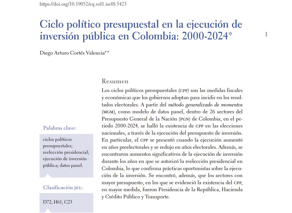 DiegoCortesV's tweet photo. 📢 Nueva publicación. Comparto mi nuevo artículo: Ciclo político presupuestal en la ejecución de inversión pública en Colombia: 2000-2024.

Reviso el comportamiento de la ejecución de inversión y los sectores que tienen un mayor comportamiento cíclico:

https://t.co/Ko8rN5pbAM https://t.co/nRkTiQUSa4