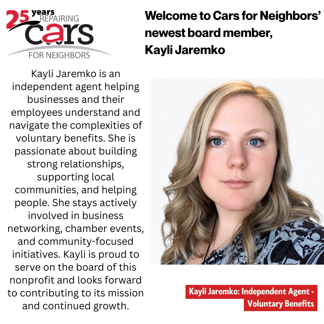 CarForNeighbors's tweet photo. Please join us in giving a warm welcome to our newest board member, Kayli Jaremko! 🌟

Kayli’s passion for community and building strong relationships deeply resonates with our mission. We’re thrilled to have her on the team! 🚗💙

#CarsForNeighbors #MNNonprofit https://t.co/WtXGBRtb91