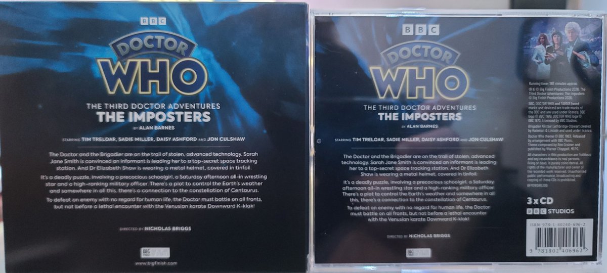 TheMetalWhovian's tweet photo. #NewProfilePic is my current #BigFinish listen, "The Third Doctor Adventures: The Imposters" by Alan Barnes.
#DoctorWho #3rdDoctor #SarahJaneSmith #DrLizShaw #TheBrigadier #PhysicalMedia https://t.co/etBx5MXBSE