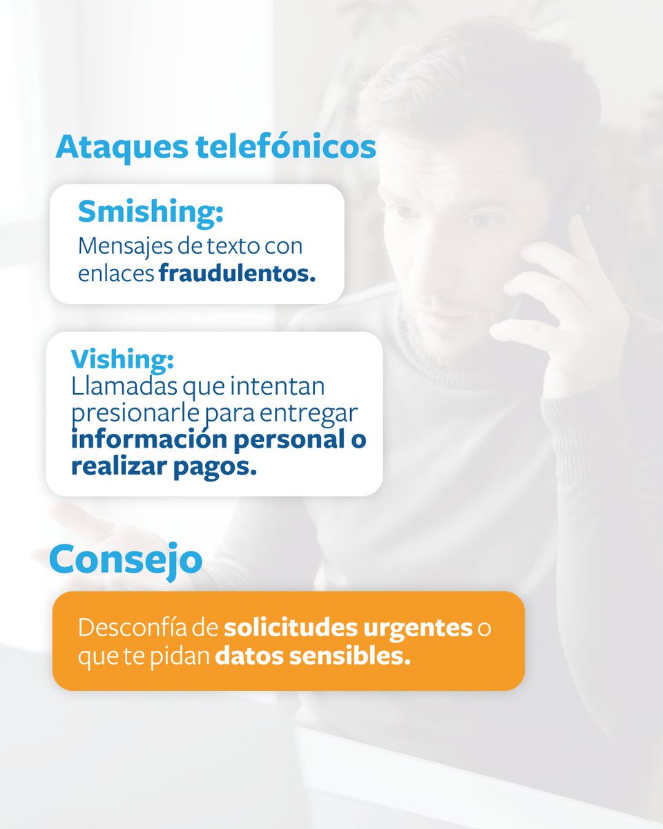 FundReservas's tweet photo. No compartas datos sensibles, verifica antes de responder y mantente alerta ante cualquier solicitud sospechosa.

#Ciberseguridad #Phishing #Vishing #IngenieríaSocial https://t.co/RWoKacUWxx