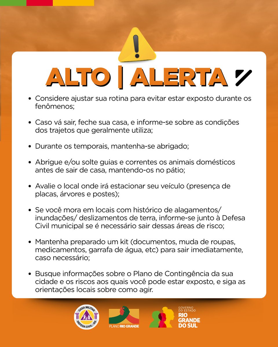 DefesaCivilRS's tweet photo. Defesa Civil alerta: Condição de ALERTA para tempestades com granizo e ventos que avançam para o Noroeste. Válido até as 18h do dia 25 de Maio. Risco ALTO de destelhamento. Evite áreas de risco. Emergência ligue 190/193. https://t.co/Vxf6LMTetI