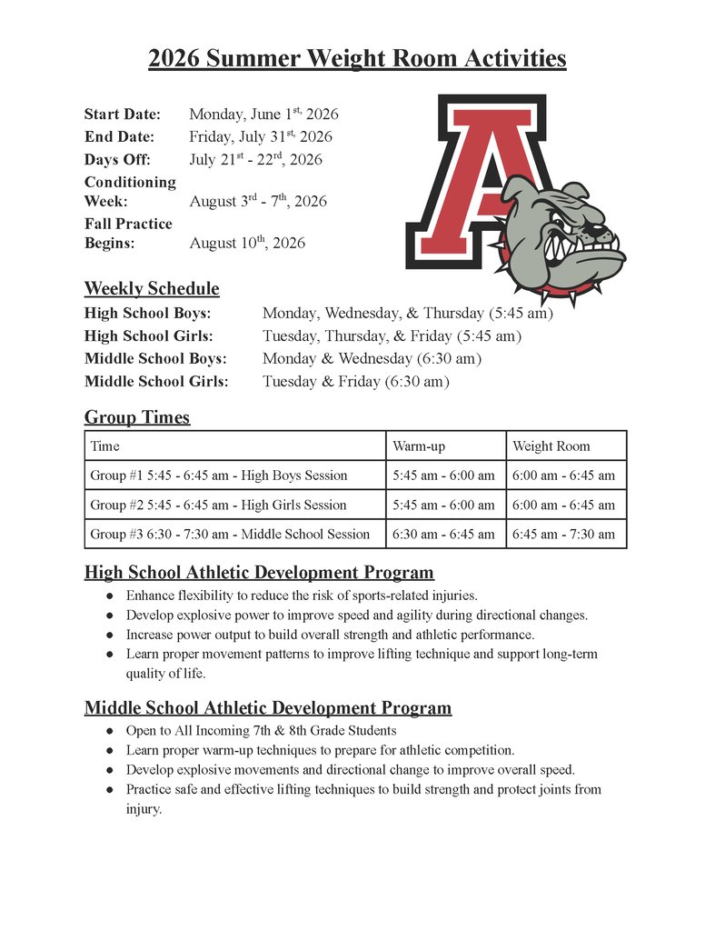 ACS_Bulldogs's tweet photo. 🏋️ Summer Weight Room Activities begin June 1 for Ainsworth student-athletes! HS &amp; MS sessions available throughout the summer to improve strength, speed, and athletic performance https://t.co/BS2YGgWDcn