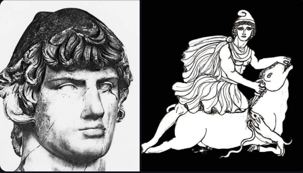 antinousgaygod's tweet photo. 🪷 In May, during commemoration of the Sacred #BullHunt, we celebrate #Antinous with #Mithras. The great god Mithras bestows his blessing upon #Antinoos, who is illuminated with rays of shining light, becoming as one with the unconquered sun, becoming the bull-slayer, the savior of us all. Full text: https://t.co/qILVS099NU Art by @AntoniusSubia 🪷