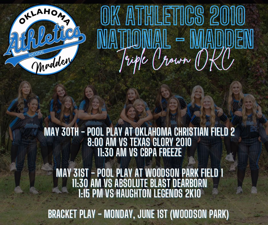 OKAs2010Madden's tweet photo. Back at it this Saturday, kicking off a BUSY and CHALLENGING June!!  And they can’t wait!!!

This weekend is Triple Crown OKC, May 30th - June 1st (Sat - Mon). 

Let’s get this month of softball going!  ☀️🥎🚙💨

@triplecrownspts 
@TCSFastpitch https://t.co/kJtUGM4BIm