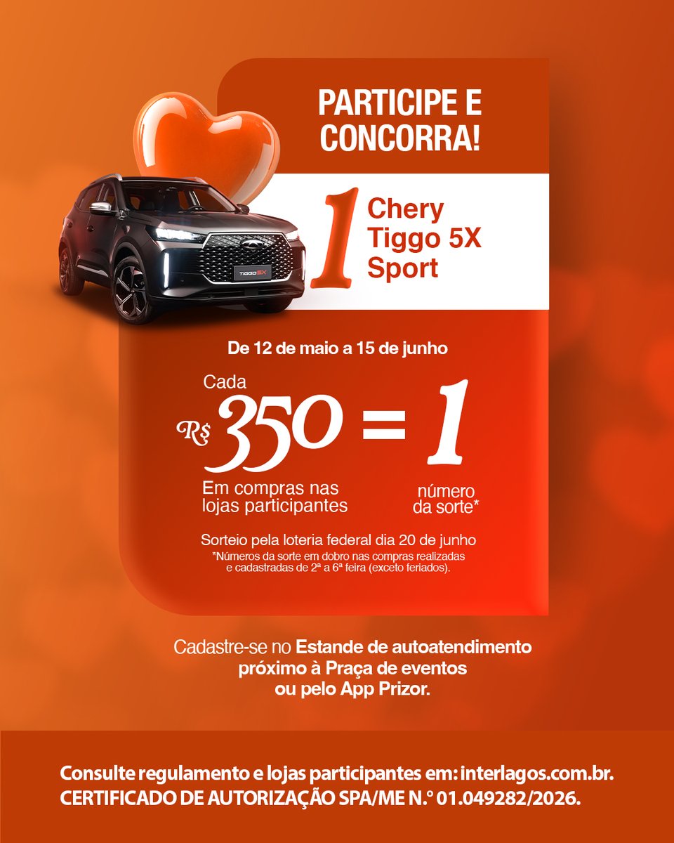 shop_interlagos's tweet photo. Amor não tem idade ❤️ A cada R$350 em compras, você concorre a 1 CHERY TIGGO 5X SPORT 📷 Cadastre suas compras de 12/05 a 15/06 no estande ou app Prizor. Compras de seg a sex (exceto feriados) valem números da sorte em dobro. Regulamento em: https://t.co/EcxhokV6iy https://t.co/rFm4dnwqcj