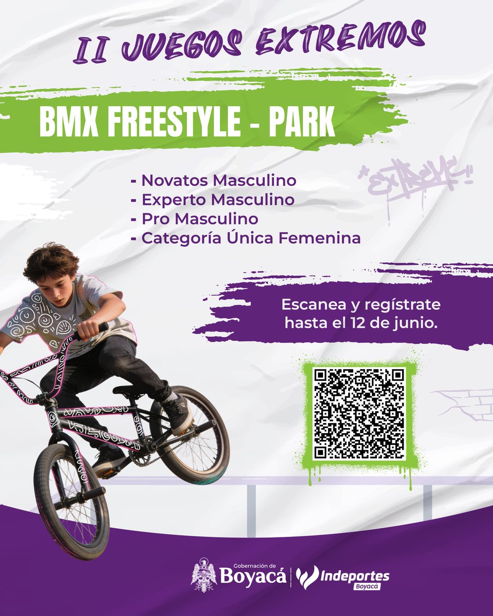 IndeportesBoy's tweet photo. ¡Consulta aquí las categorías en disputa que tendrá la segunda edición de los #JuegosExtremos 🛹!

Atletas desde los 8 años podrán participar en las modalidades de Skateboarding y BMX Freestyle - Park, que tendrá a Duitama como escenario los días 27 y 28 de junio. https://t.co/Rz9GPTinp6