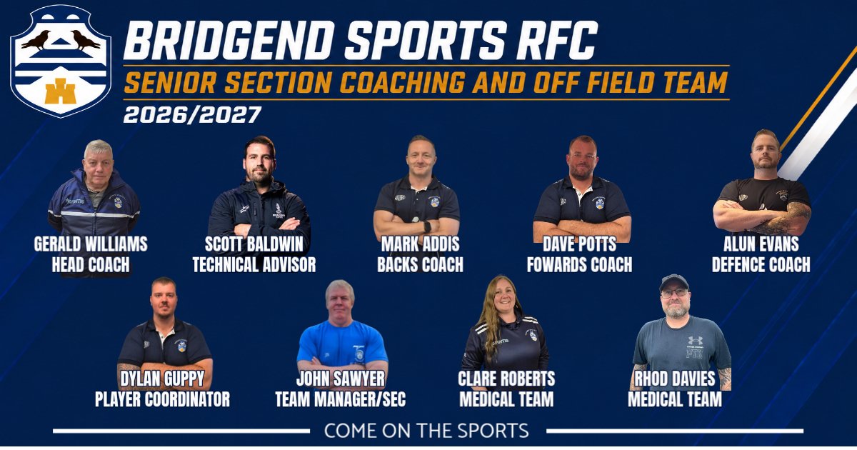 BridgendSports's tweet photo. 📣 Senior Section Coaching &amp; Off-Field Team

We’re pleased to announce our Senior Section Coaching &amp; Off-Field Team for the 2026/2027 season.

An exciting group ready to drive standards, support our players, and help move the Sports forward both on and off the pitch

🔵⚪️

#COTS https://t.co/IxkUI8CMkW