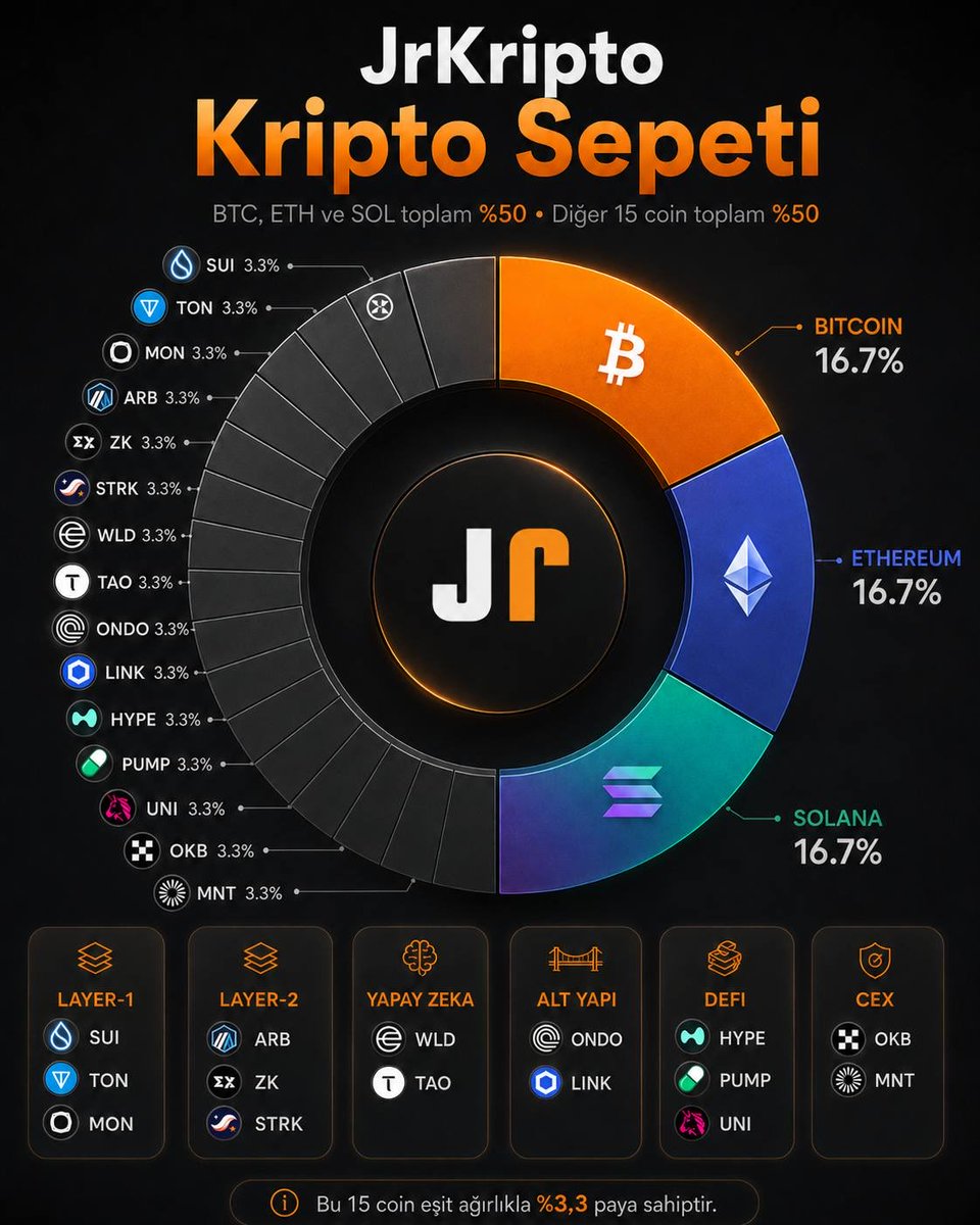 JrKripto's tweet photo. 2026 Model En Yüksek Kazanç potansiyeli beklediğim ve yatırım yaptığım Altcoin Sepetimi aşağıda paylaşıyorum!

(Layer-1 Kategorisi)
SUI
TON
MON

(Layer-2 Kategorisi)
ARB
ZK
STRK

(Yapay Zeka Kategorisi)
WLD
TAO

(Alt yapı Kategorisi)
ONDO
LINK

(DeFi Kategorisi)
HYPE
PUMP
UNI

(CEX Kategorisi)
OKB
MNT

Benim Altcoin sepetim ve yatırım yaptığım Altcoin’ler bunlardır. Aşağıda mevcut fiyatları gösteren görsel mevcuttur. Hepimize hayırlara vesile olsun.

Kripto Paralara yatırım sepetimin bel kemiği Bitcoin, Ethereum ve Solana oluşturuyor.

Altcoin sepetimde yukarda net olarak görüyorsunuz. Yüzdesel dağılım BTC-ETH-SOL %50 geri kalan 15 Altcoin ise geri kalan %50’yi oluşturuyor.

Gelecekte sepetten kâr aldıkça Meme Coin sepetimden elde ettiğim kazançlarla sıfır maliyete yapacağım!

Boğada kazanan %1 azınlık biz olacağız! Hazırız! Stratejimiz hazır! Yatırımlarımız hazır! Maliyetimiz belli!

YOLU BİLİYORUM!