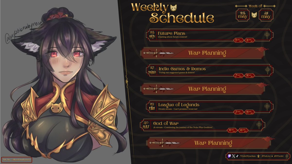 VioletNyachan's tweet photo. ✧ Weekly Schedule ✧
🗓️May 25th → 31st
Summoning my dear konekotachis~
Trying to rest a bit more this week as I might've caught a coldge...
🟣https://t.co/Fy9JpR5g8Q
tags #VioLive | #DVioArt | #VioClippable https://t.co/VQw5Y8syAd