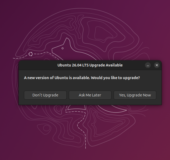 Python_cursos's tweet photo. Ubuntu 26,04 Upgrade available

From 25.10 to 26.04

#SoftwareLibre #Ubuntu #Flisol2026 #Flisol #UCR #Linux https://t.co/BqeJrPCBzz