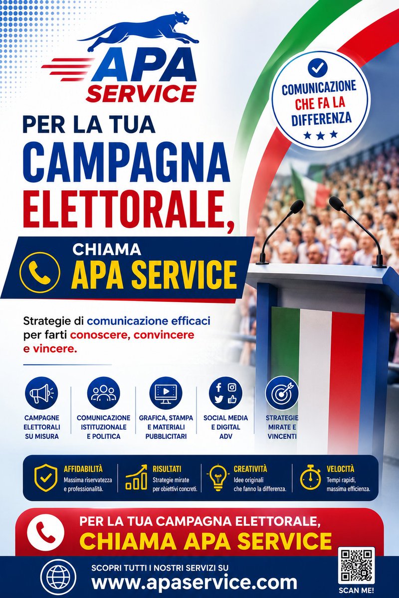 apaservic's tweet photo. 🌐 Scopri tutti i nostri servizi su: https://t.co/lLrS5yyr9J

​🏷️ Hashtag Consigliati

​#APAService #CampagnaElettorale #ComunicazionePolitica #Elezioni2026 #MarketingPolitico #StrategiaVincente #SocialMediaMarketing #GraficaEStampa #ComunicazioneIstituzionale #DigitalADV https://t.co/GafocwiU6h