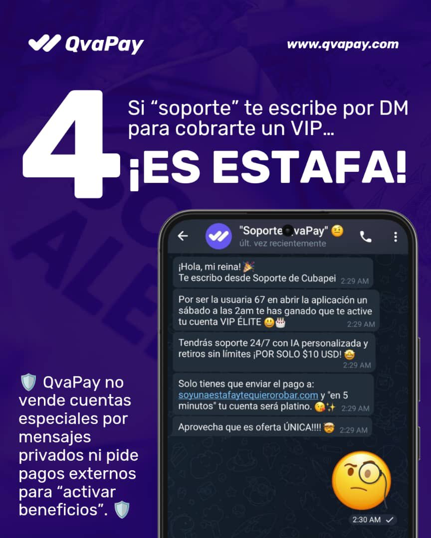 QvaPay's tweet photo. Nadie serio te va a pedir datos sensibles, pagos externos o “beneficios VIP” por DM como si esto fuera una rifa. 🤨

Tu cuenta no se protege confiando en cualquiera. 🛡️ https://t.co/SVq3jTPUBD