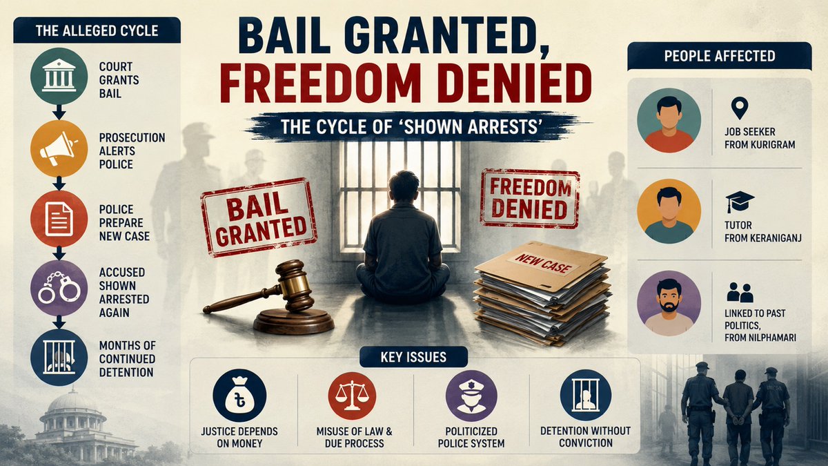 albd1971's tweet photo. ⁨⁨Bail Granted, Freedom Denied

How “Shown Arrests” Became a Tool of Fear in Bangladesh
---
In Bangladesh’s current justice system, critics allege that securing bail no longer guarantees freedom. Instead, many detainees are reportedly being trapped in a cycle of repeated “shown arrests,” where police link already jailed individuals to new cases moments before release. Families accuse law enforcement of using these tactics to prolong detention, demand unofficial payments, and silence perceived political opponents or ordinary citizens with no proven involvement in crimes. Legal experts warn that detaining people without direct evidence, witness testimony, or inclusion in FIRs represents a dangerous misuse of law that weakens judicial credibility and undermines public trust in the rule of law.

According to allegations described in recent reports, many detainees in Bangladesh are not being released even after securing bail. Instead, they are allegedly being tied to fresh cases immediately after court approval, creating a cycle of repeated detention.

⸻

📌 What Is a “Shown Arrest”?

A “shown arrest” happens when a person already in custody is officially linked to another case while still in jail.

Critics say the system is being used to:

* Prevent release after bail
* Pressure families financially
* Extend detention without conviction
* Create fear among political opponents or ordinary citizens

Legal experts argue that in many cases:

* The accused person’s name does not appear in the FIR
* Witnesses do not identify them
* No direct evidence links them to the incident

Yet detention reportedly continues.

🏛️ Political Allegations

Reality -  

* Politicizing police operations
* Reviving practices associated with the 2001–06 period
* Turning police stations into centers of extortion
* Using the justice system as a political weapon

💰 “Justice Depends on Money”

“Those without money stay in jail. Those who can pay are released.”

Critics describe this as:
* Institutionalized extortion
* Commercialization of police clearance
* Erosion of judicial credibility

📍Key Questions Being Raised
❓ If bail is granted, why are detainees not released?
❓ Who decides which new cases appear?
❓ Why are unnamed individuals repeatedly shown arrested?
❓ Is due process being bypassed?⁩
#Bangladesh #FalseCases #MassArrest