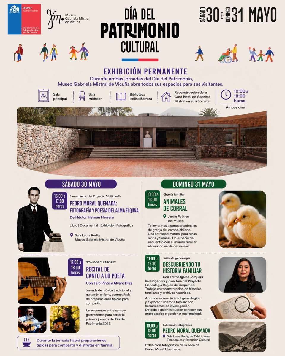 MusGabMistral's tweet photo. Y en Vicuña, ¿qué pasa en este Día del Patrimonio? 

Acá dejamos la programación de diversas instituciones y organizaciones comunitarias que son parte de esta celebración. Aperturas especiales, charlas, talleres y  artes. Viernes 29, sábado 30 y domingo 31 de mayo. https://t.co/cVTm7Asxb6