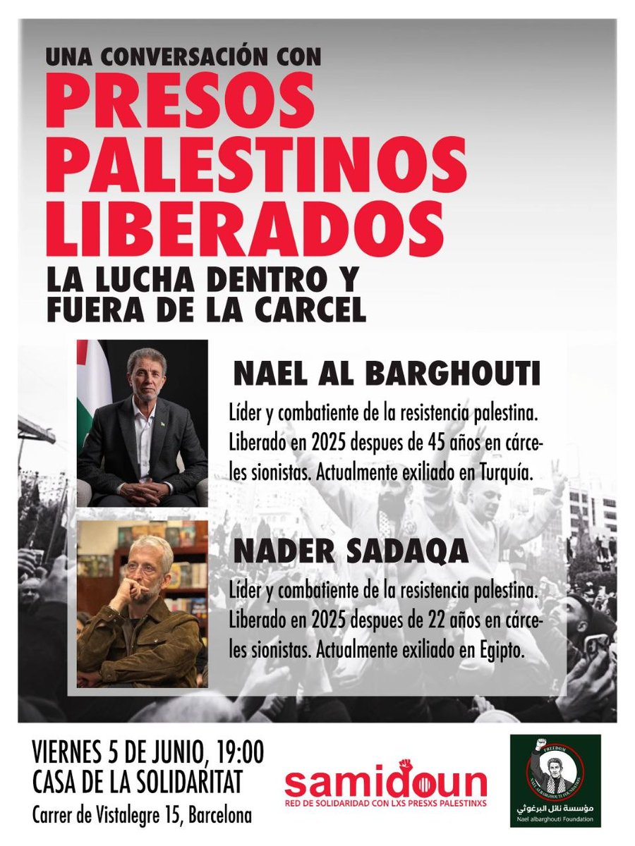 antirepreBCN's tweet photo. ❗ No pots solidaritzar-te amb Palestina si no donés suport a la Resistència que fa front a l'ocupació sionista.

✊🏻🗣️ Xerrada interessant i imprescindible de Samidoun amb dos ex-presos polítics, líders de la Resistència armada Palestina! https://t.co/PJw2QPn7Xr