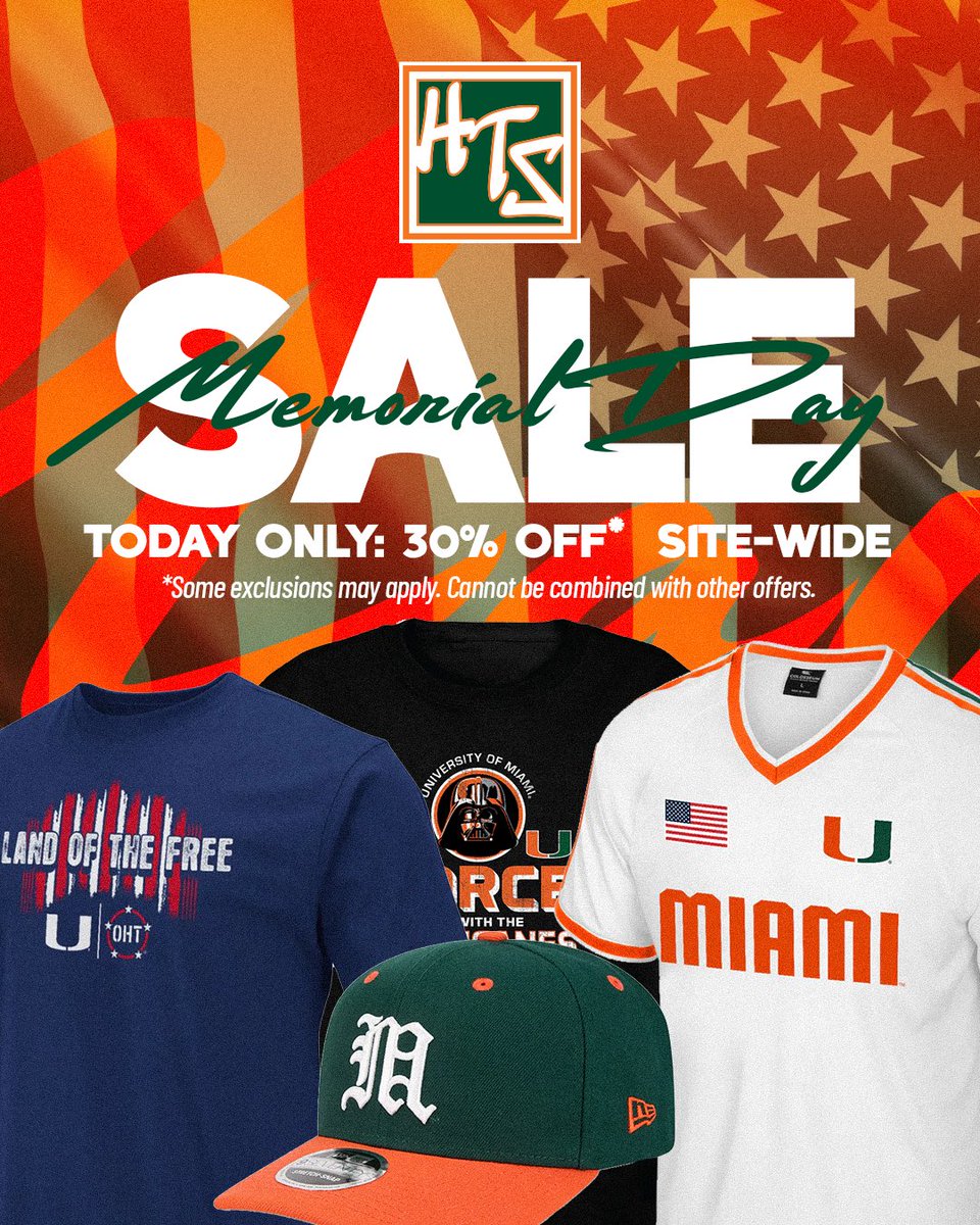 miamihts's tweet photo. Happy Memorial Day, Canes Fam! 🙌

Save 30% SITE-WIDE, today only ‼️ https://t.co/9x0sZyCLxs