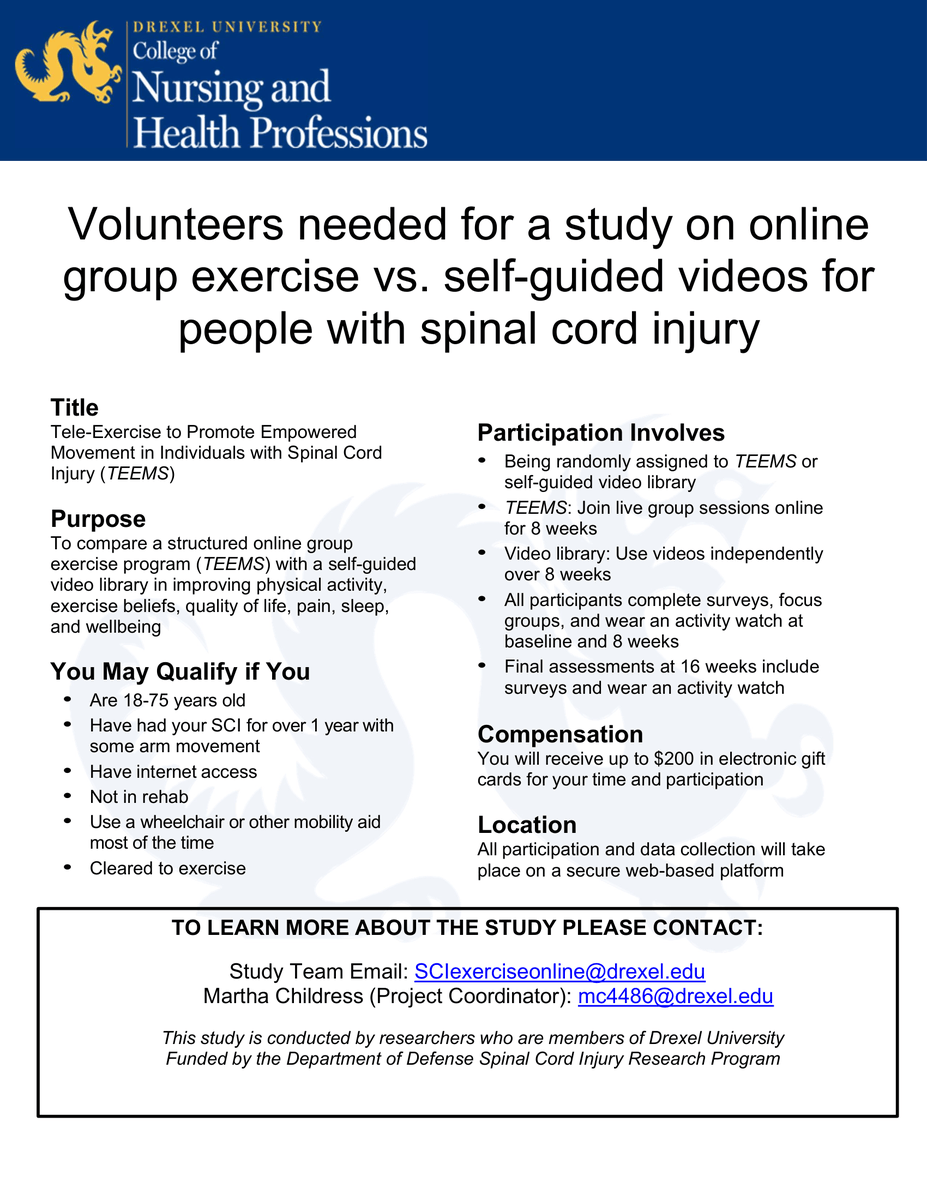 NASCIC1's tweet photo. Drexel University is recruiting adults living with #SCI for an online study comparing live virtual exercise classes vs a self-guided video. Participants complete an 8-week program, surveys, focus groups &amp; wear an activity watch. Learn more, contact: SClexerciseonline@drexel.edu https://t.co/HW8RXj7JzR