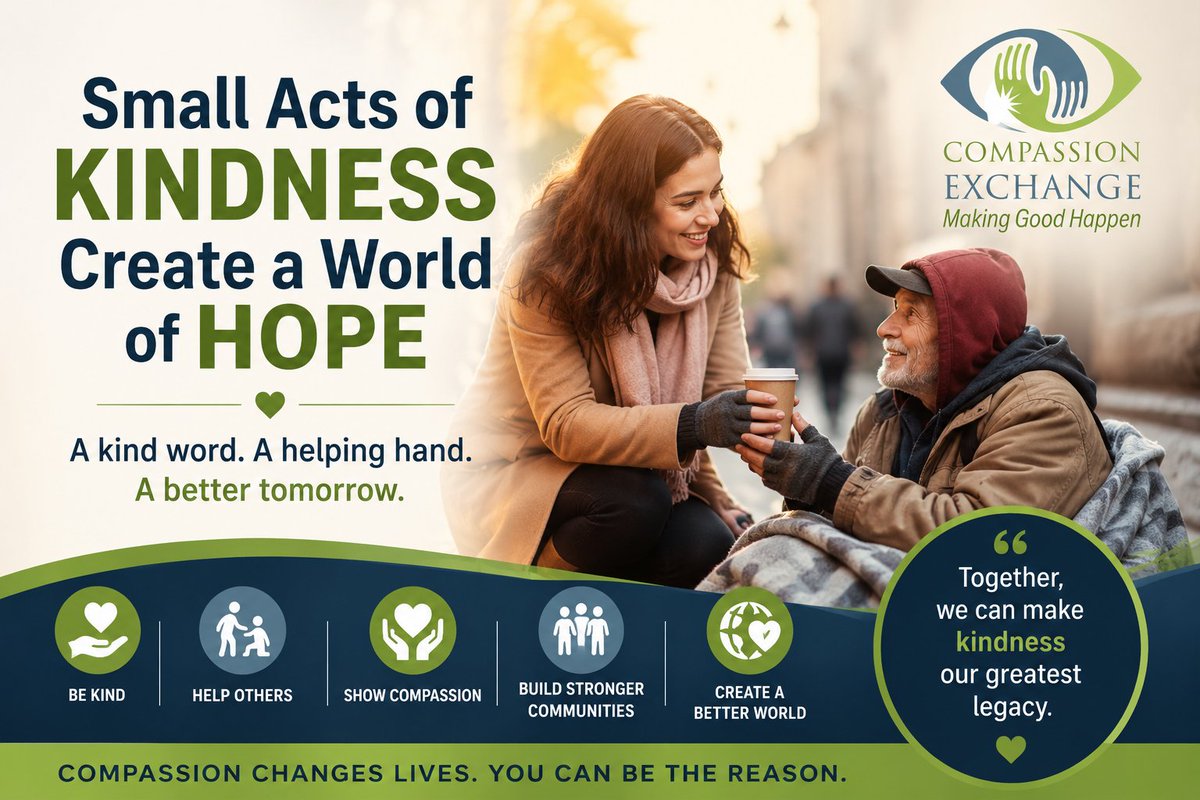 CompassionX's tweet photo. One small act of kindness can change someone’s entire world. 🤝✨

Compassion changes lives. You can be the reason.
🌐 https://t.co/vlBIidYUCh

#CompassionExchange #KindnessMatters #Humanity #Compassion #Hope #HelpingOthers #MakeGoodHappen #Love #CommunitySupport  #PositiveLife https://t.co/1NC0OWgPQl