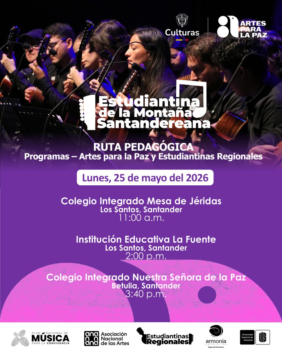 UIS's tweet photo. #ArtesParaLaPazyEstudiantinas 🎶 ¡Estudiantes recibirán formación artística en guitarra, tiple y requinto!

Niños, niñas, adolescentes y jóvenes de cinco colegios públicos de Santander vinculados al programa Artes para la Paz tendrán la oportunidad de fortalecer su formación artística junto a maestros de la Estudiantina de la Montaña Santandereana.

A través de talleres en cuerdas pulsadas como guitarra, tiple y requinto, estudiantes de Betulia, Lebrija y Los Santos enriquecerán sus procesos de aprendizaje con el acompañamiento de músicos de amplia trayectoria y reconocimiento local, regional y nacional.

Esta articulación entre dos programas de formación del Ministerio de las Culturas, las Artes y los Saberes continúa fortaleciendo la educación artística en los territorios y generando nuevas oportunidades para las y los estudiantes de colegios públicos.

📍Desliza y conoce las fechas, lugares e instituciones educativas participantes.