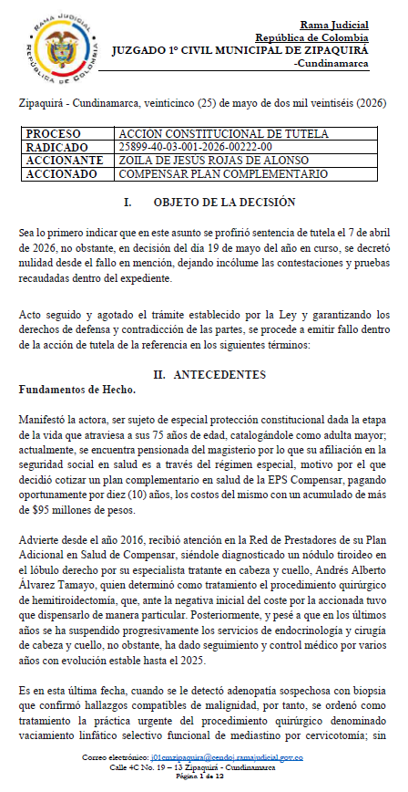 libia0215's tweet photo. Juzgado 1° Civil de Zipaquirá emitió NUEVO FALLO hoy 25 de mayo, ordenando a @Compensar_info autorizar cirugía URGENTE por sospecha de malignidad a mi madre (75 años) en 48h. ¡Basta de barreras por preexistencias ilegales! Exigimos cumplimiento ya. @Supersalud @MinSaludCol https://t.co/0C8bTUcc7w