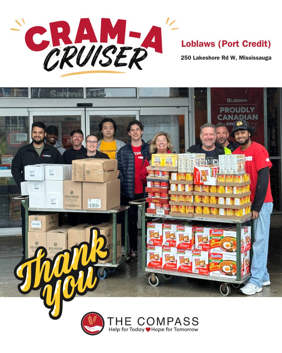 CompassFoodBank's tweet photo. Rain, Wind, and 1,273 lbs of Community Kindness! 🌧️🚨

A storm wasn't about to stop our incredible community! Despite the freezing cold, pouring rain, and biting wind outside, our team braved the elements this past weekend to make our Cram-A-Cruiser event an absolute triumph! Because hunger doesn't rest, our team doesn't either. We love nothing more than coming together to ensure our neighbors are fed.

Thanks to your heartwarming generosity, we officially raised:
📦 1,273 lbs of nutritious food loaded straight into the cruiser!
💰 $235 in financial donations to help keep our market shelves running smoothly!

A Massive Thank You:
Our Volunteers & Summer Team
The Peel Regional Police
Loblaws (Port Credit): Our minds are completely blown! A huge, heartfelt thank you for donating two HUGE pallets of items to kick our collection into overdrive. WOW!

#CramACruiser #TheCompass #CommunityStrong #Mississauga #PortCredit #PeelPolice #Loblaws #Grateful #HelpForTodayHopeForTomorrow #FoodDriveSuccess