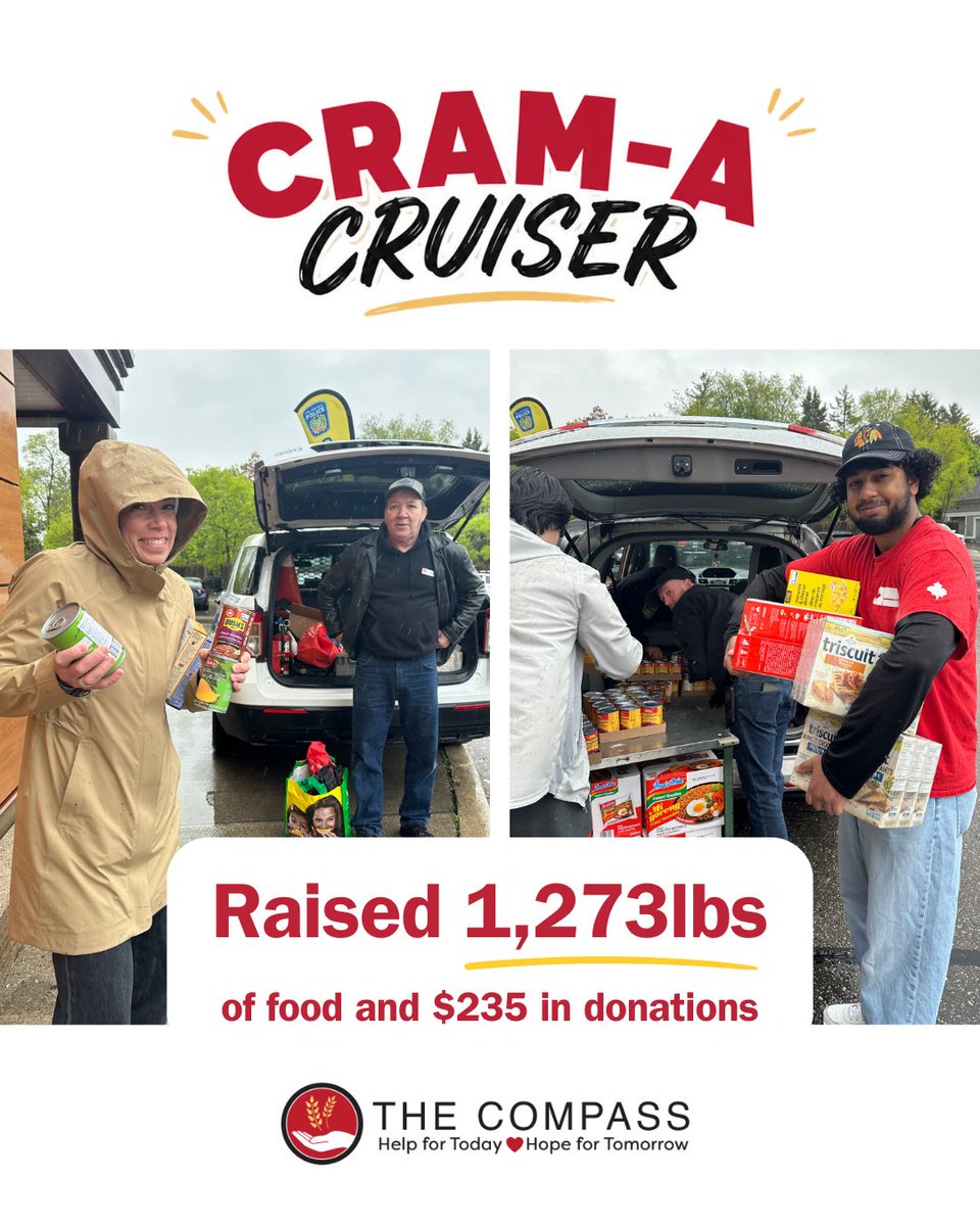 CompassFoodBank's tweet photo. Rain, Wind, and 1,273 lbs of Community Kindness! 🌧️🚨

A storm wasn't about to stop our incredible community! Despite the freezing cold, pouring rain, and biting wind outside, our team braved the elements this past weekend to make our Cram-A-Cruiser event an absolute triumph! Because hunger doesn't rest, our team doesn't either. We love nothing more than coming together to ensure our neighbors are fed.

Thanks to your heartwarming generosity, we officially raised:
📦 1,273 lbs of nutritious food loaded straight into the cruiser!
💰 $235 in financial donations to help keep our market shelves running smoothly!

A Massive Thank You:
Our Volunteers & Summer Team
The Peel Regional Police
Loblaws (Port Credit): Our minds are completely blown! A huge, heartfelt thank you for donating two HUGE pallets of items to kick our collection into overdrive. WOW!

#CramACruiser #TheCompass #CommunityStrong #Mississauga #PortCredit #PeelPolice #Loblaws #Grateful #HelpForTodayHopeForTomorrow #FoodDriveSuccess