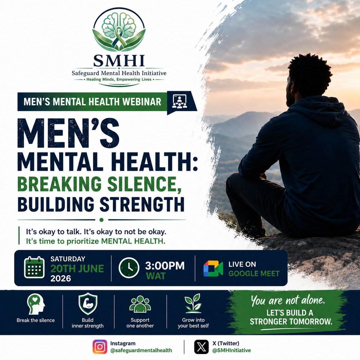 SMHInitiative's tweet photo. SAVE THE DATE
Men’s Mental Health: Breaking Silence, Building Strength
📅 20 June 2026
🕒 3PM WAT
💻 Google Meet
Let’s talk about men’s mental health, break stigma &amp; build stronger support systems.
Register here: https://t.co/km0lNQSM1c⁠�
#MensMentalHealth #SMHI https://t.co/avF3fiokX5