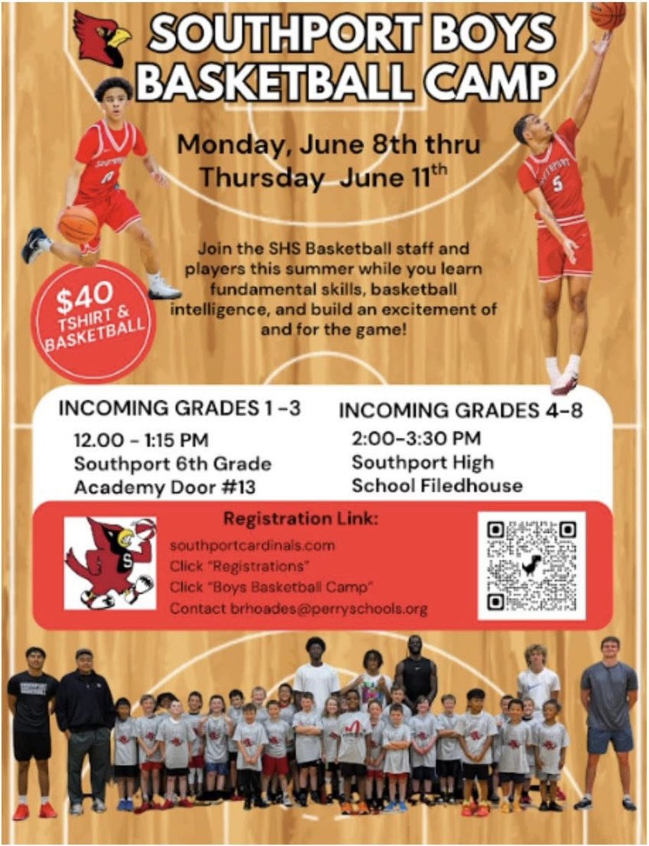 CardSportsNet's tweet photo. See the information below to register for summer youth camps sponsored by Southport High School. 🏀 ⚽️ 🏐 

@SouthportGHoops 
@SouthportBBall 
@Rhoades_BBall 
@SouthportSoccer 
@southportvb 
@SHSMensVB 
@Spt_athletics https://t.co/PUHUytw4Bf