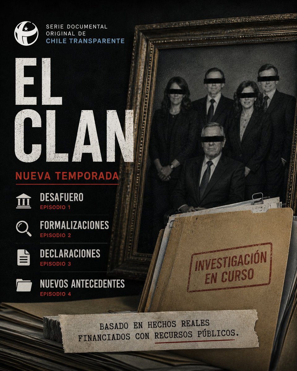 Ch_Transparente's tweet photo. 🎬🍿 NUEVA TEMPORADA: El Clan

Parece serie documental… pero es la política chilena en 2026.

La corrupción no solo afecta a la política: afecta la confianza pública, los recursos del Estado y la credibilidad democrática. https://t.co/KWBUfaIFsI