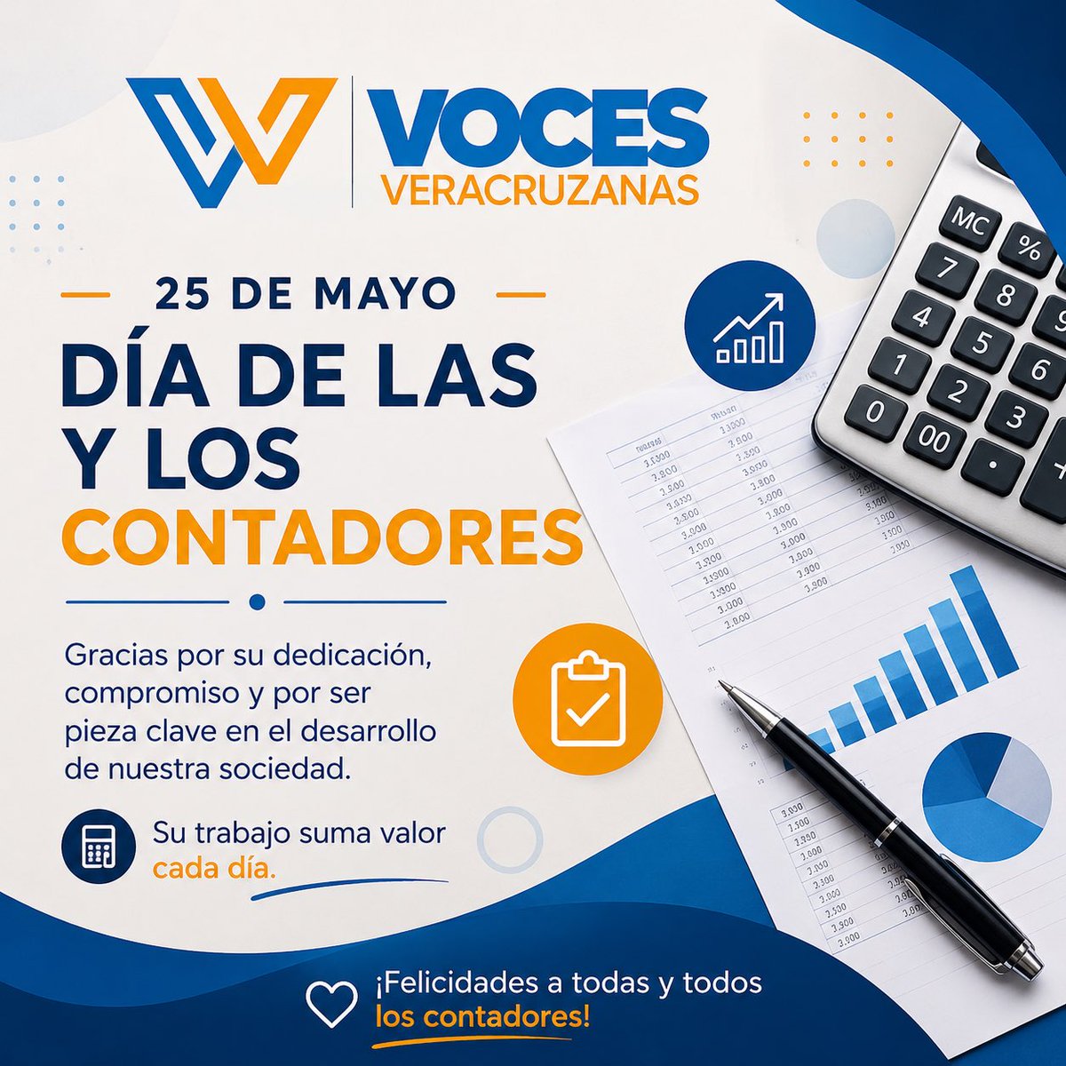 VocesVera's tweet photo. 📊 Este 25 de mayo reconocemos la labor y compromiso de quienes mantienen en orden las finanzas y fortalecen el desarrollo de nuestra sociedad.

¡Feliz Día de las y los Contadores! 👏💙

#DíaDelContador #Contadores #VocesVeracruzanas https://t.co/n4fBEIRYtX