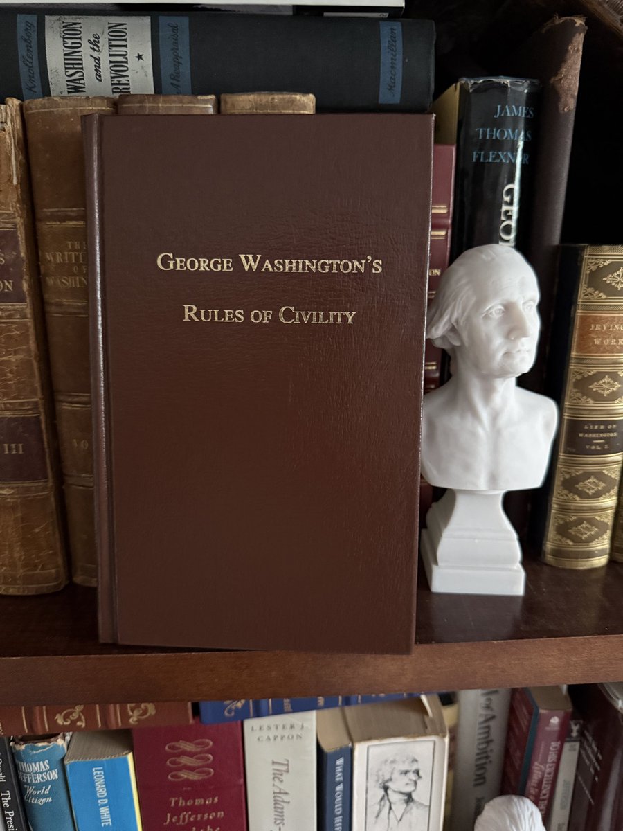 WayneGoodwinNC's tweet photo. A few days ago I posted about one of my latest acquisitions for my own Goodwin Presidential Library — specifically “George Washington’s Rules of Civility” authored by the Founding Father himself and autographed by the person who translated the book into French and back to English.

Now, at the request of one of my junior high school teachers and lifelong family friend, I will share some of Washington’s Rules of Civility, starting with the first two. 

1) “Every action done in company ought to be with some sign of respect to those that are present.”

2) “When in company, put not your hands to any part of the body that is not usually discovered.”

Washington - with whom I share both a first name and birthday - has a significant presence in my collection along with Jefferson, Jackson, Lincoln, Teddy Roosevelt, FDR, JFK, and Nixon. 

These books add to my expanding personal library collection of 900 autobiographies, biographies, and history books about the U.S. Presidents. Many of these curated books obtained during my youth through the present are designated as antique due to their publication dates, the oldest in my library going back to 1808.

#President #Presidents #POTUS #PersonalLibrary #GeorgeWashington #Washington #FoundingFather #civility #GoodwinPresidentialLibrary