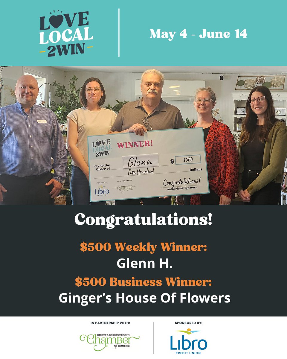 VisitHarrow's tweet photo. Join us in congratulating Glenn H. &amp; Ginger's House of Flowers &amp; Gifts  - the first winners of our #LoveLocal2WinON Contest! 🥳

Will you be the next winner?? 👀 https://t.co/59hP2MZEza