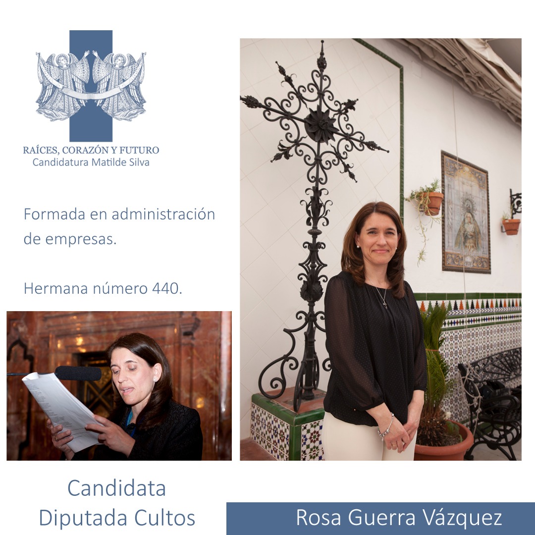 matildesilvarob's tweet photo. Rosa Guerra Vázquez es nuestra candidata a diputada de Cultos. Hermana número 440 está casada y es madre de dos hijos y abuela de un nieto, todos hermanos de la @Hdadlosnegritos . Ha ejercido ocho años como diputada de Caridad.
#Raicescorazonyfuturo
#TDScofrades 
#TDSCofrade https://t.co/P6n29kZRKj