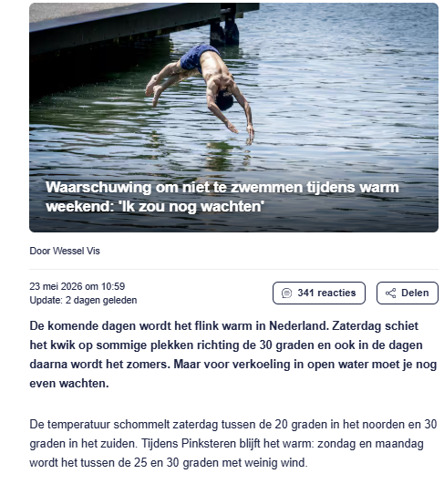 dancalegria's tweet photo. Het wordt de komende tijd ondragelijk aangaande de klimaat propaganda.

Nu het IPCC het water niet meer draagt voor de klimaat-alarmisten wordt de vlucht naar voren ingezet.

Werkelijk alles wordt uit de kast getrokken. Deze dame in Lyon was rondjes aan het rennen in een gekoelde zaal, maar haar plotselinge en onverwachte overlijden kwam door 'hitte' Geen twijfel, geen prik, geen andere omstandigheden, het moest de hitte wel zijn, ondanks dat deze niet aanwezig was, dan was het de hitte die ze wellicht daarvoor moest verduren...

De waanzin kent werkelijk geen grenzen.

Temperaturen worden echt gevaarlijk? dus iedereen in Zuid-Europa Midden-Oosten Latijns-Amerika, Zuid-Azie, Zuidoost-Azie, Australie, heel Afrika verkeren in levensgevaar, wat erg! daar woont toevallig meer dan 7/8 van de wereldbevolking....

De waarschuwing om nog even niet te zwemmen.. Met deze hoge temperaturen is de shock voor de tere mensjes natuurlijk teveel voor het broze hart. De bovenlaag van het water is dan wel omgewarmd maar de onderlaag is echt veel te koud, je kan er plotseling en onverwachts aan bezwijken.

Er is een troost. Ondanks de enorme schade van de experimentele gentherapie en de daarmee gepaard gaande verhoogde risicos op hart problemen, overleven de meeste mensen het lekkere weer wel, ook met een frisse duik in het nog niet zo warme water.