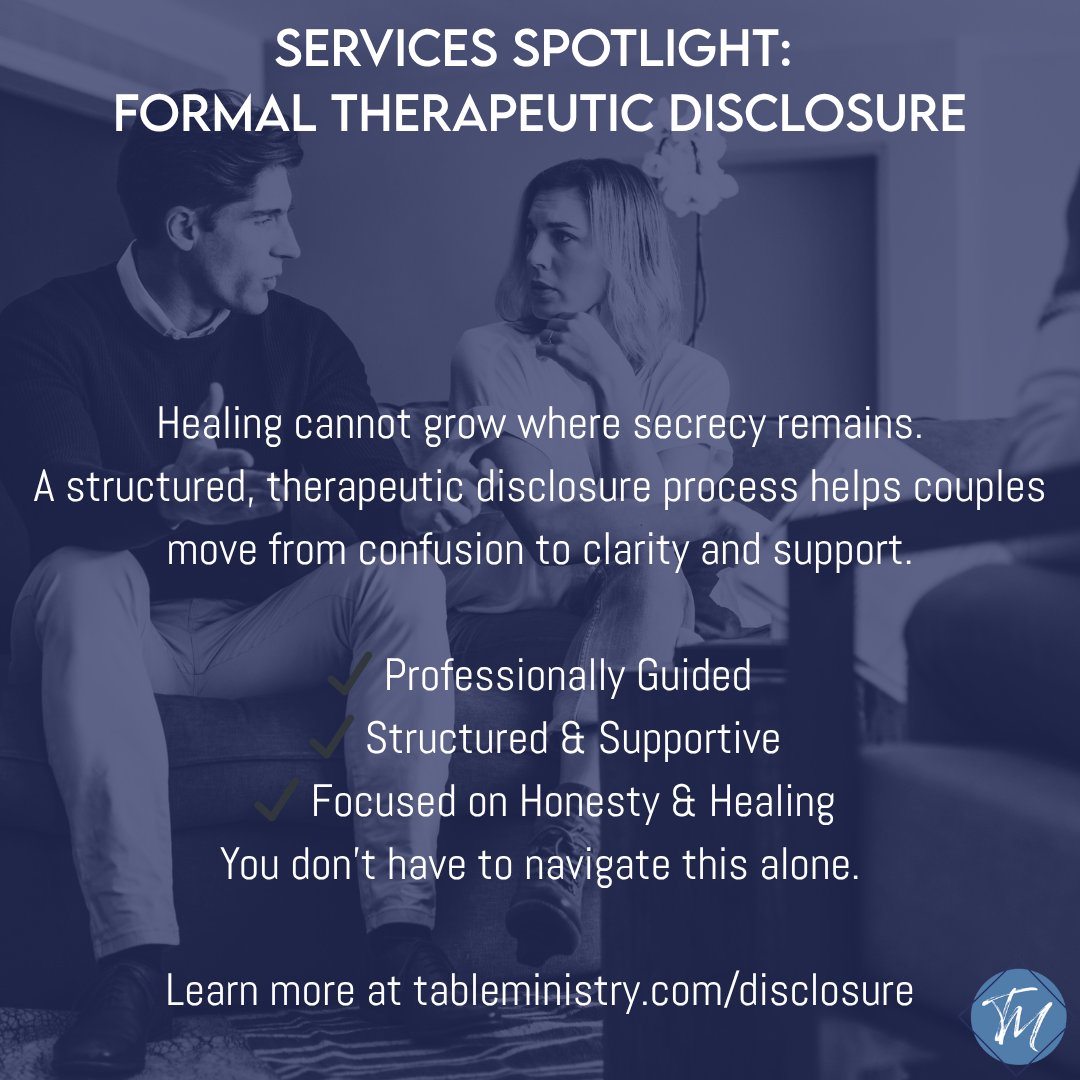 come2table's tweet photo. Secrecy and “trickle truth” often deepen the wounds of betrayal trauma. The Formal Therapeutic Disclosure Process provides a structured, guided path toward honesty, clarity, accountability, and healing for both partners.

Learn more: https://t.co/sunWFoBcDc

#BetrayalTrauma https://t.co/EDNUyQEHU5