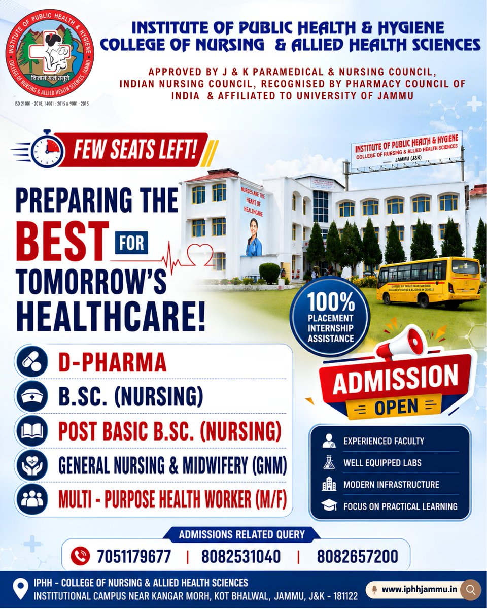 IPHHJammu's tweet photo. Your  journey to the frontline of healthcare starts right here. 🩺Whether  your dream is Pharmacy or Nursing, we provide the foundation you need to  save lives and lead with compassion.
📍 Secure your seat today!
📞 7051179677 | 8082531040 | 8082657200
#HealthcareHeroes https://t.co/E7KfWqIUNp