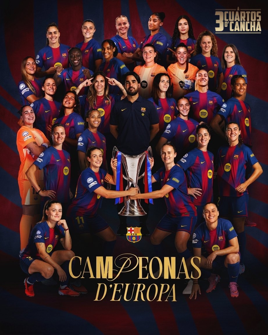 A3CuartosDe's tweet photo. Campeonas de Europa 🏆⚽️🔵🔴🇪🇸

El F.C. Barcelona Femenil cerró otra temporada de ensueño para su historia con otro póker de copas:

➤🏆#ChampionsLeague ♦️
➤🏆Liga Española ♣️
➤🏆Copa de la Reina ♥️
➤🏆Supercopa de España ♠️

#Cancheros #barçafemeni #Campeonas https://t.co/0OHGIVfpfr