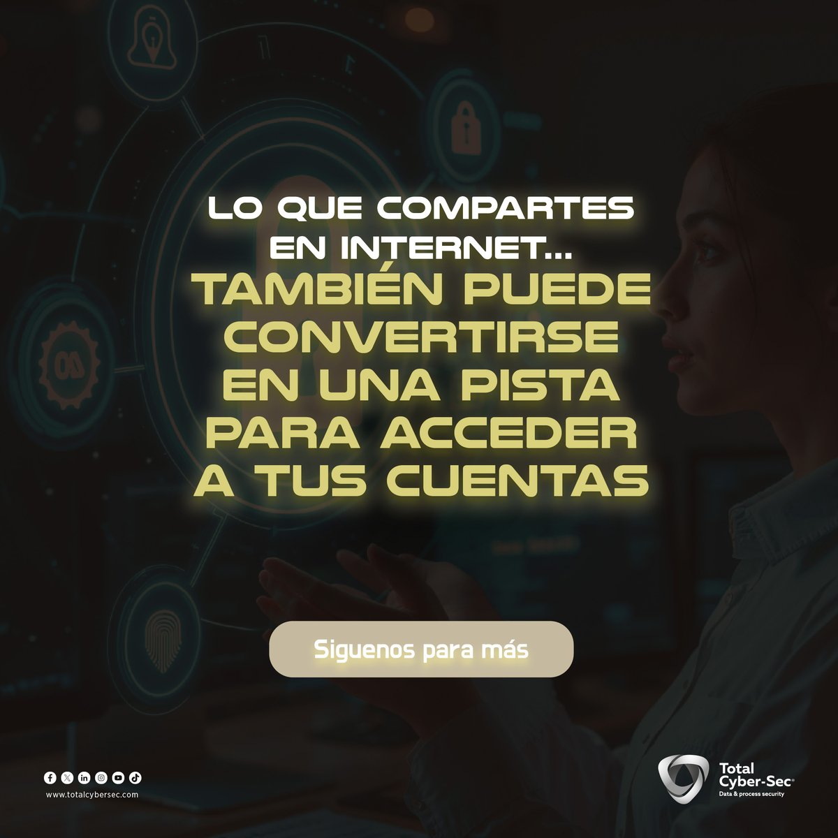 totalcybersec's tweet photo. Una #Publicación antigua puede revelar #Datos de validación 🌐. 
Fechas 🔎 familiares 🔐 o lugares frecuentes 💻 pueden ayudar a responder tus preguntas de seguridad 🚨. Ajusta privacidad y síguenos para más #Cybertips. https://t.co/AcO3WIqBap
