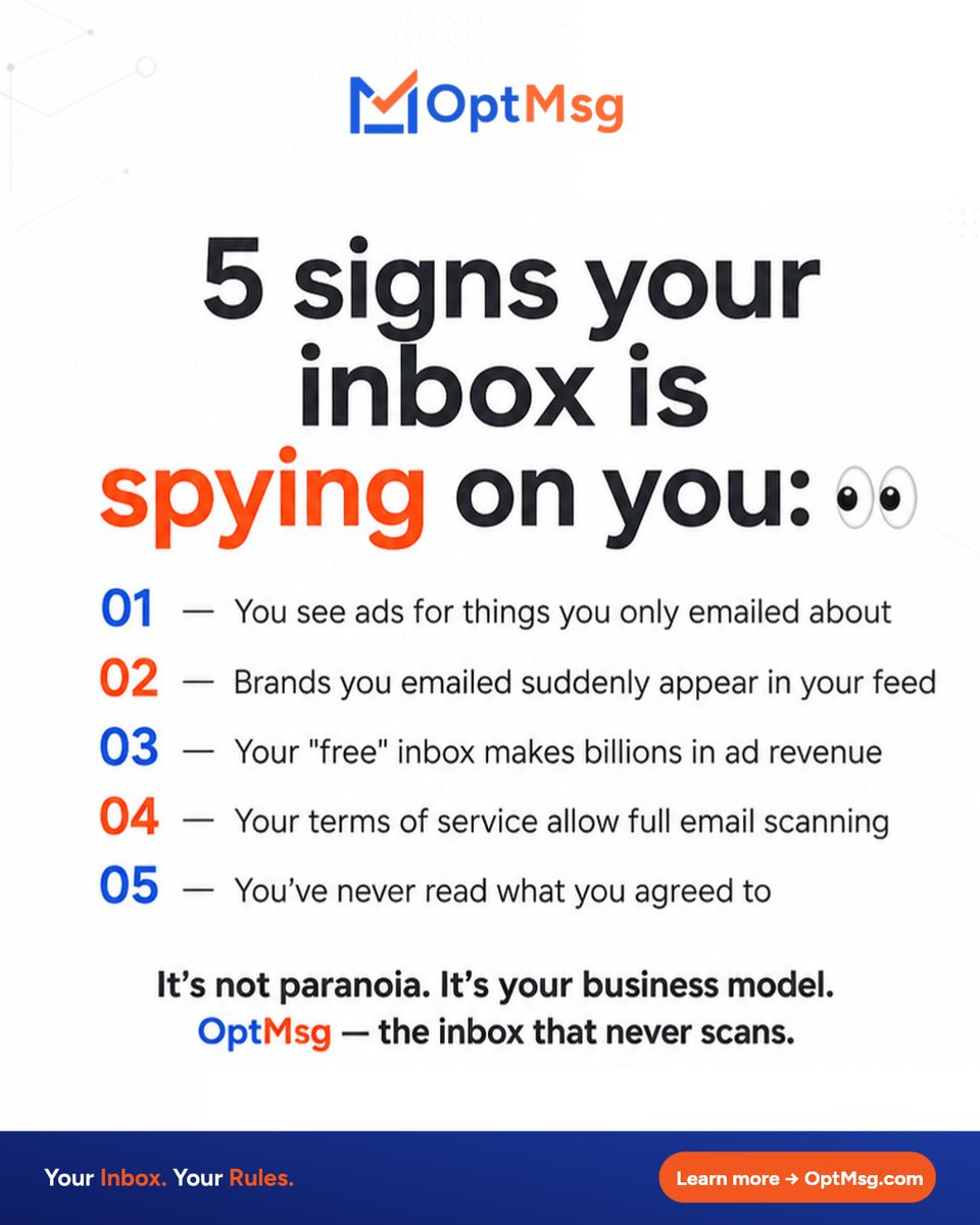 OptMsg's tweet photo. Ever emailed about something and got an ad for it minutes later? 👀 Not a coincidence. 

Your inbox is reading your messages and selling the data. It's not paranoia — it's your business model. 

Try free → https://t.co/sqDikDISp0 

#EmailPrivacy #OptMsg https://t.co/DR6C6TWFFV