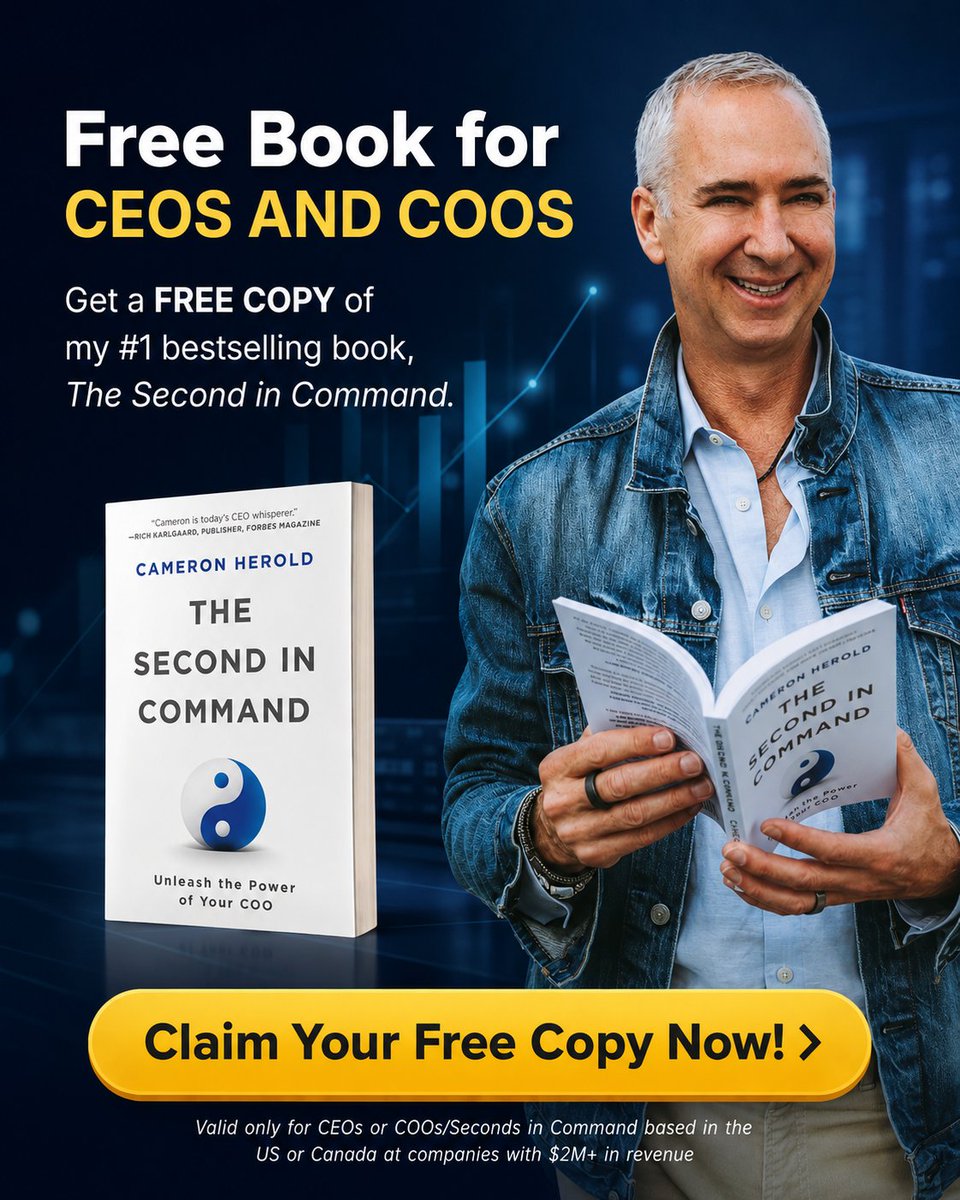 CameronHerold's tweet photo. The companies that scale fastest usually have one thing in common: a strong CEO–COO partnership.

The Amazon #1 bestseller The Second in Command breaks down how great operators help companies grow without everything depending on the founder.

Free copies available for CEOs & COOs at $2M+ companies in the USA & Canada.

Claim yours:
https://t.co/Kd9PkFQzJO