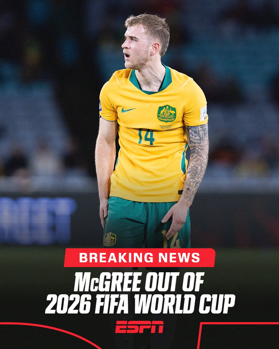 ESPNAusNZ's tweet photo. BREAKING: Australian attacker Riley McGree has been RULED OUT of the FIFA World Cup through injury the Socceroos have confirmed.

ESPN's @joeylynchy has the story 📝: https://t.co/npaWGzP1OH https://t.co/Z5TNjvNMQA