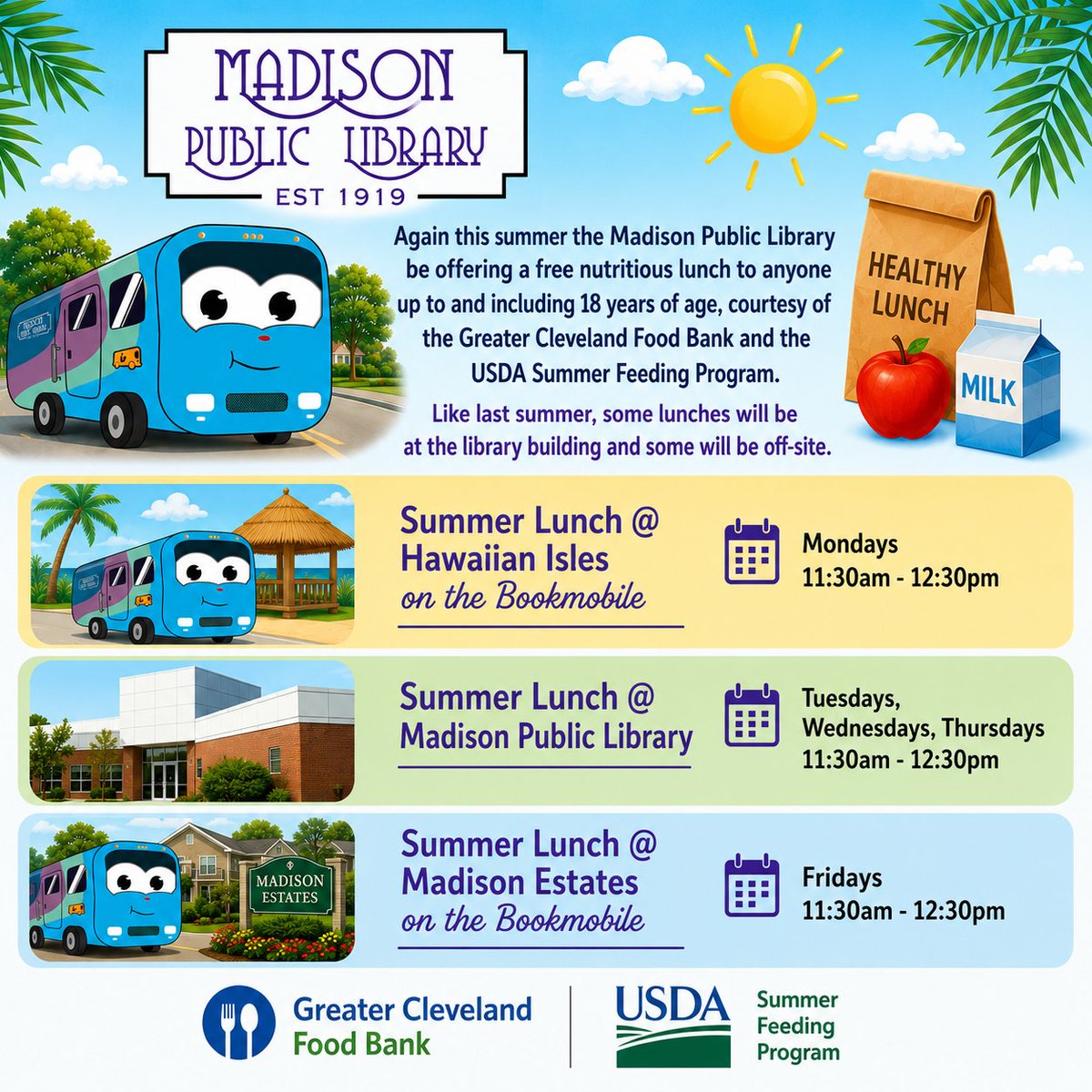 MadisonPL's tweet photo. ☀️🍎 Free Summer Lunches start June 1 for kids &amp; teens 18 and under via @GreaterClevelandFoodBank &amp; USDA! Available at the library &amp; community sites. Help spread the word! 🥪🍉 #SummerFeedingProgram #FreeLunch #CommunitySupport #KidsMeals #SummerPrograms #GreaterClevelandFoodBank https://t.co/Q1UiFeA88W