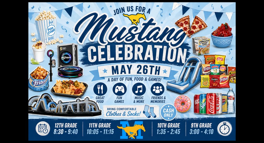 McAllenMemorial's tweet photo. 🩵🎉🐎 Mustang Celebration is almost here! 🐎🎉💛

🍕 Food 🎮 Games 🎶 Music 🛝 Inflatables
🍿 Snacks &amp; Drinks 
💵 Cash Only
🧦 Don’t forget to bring comfortable clothes &amp; socks!
#WeAreMemorial https://t.co/nklDFe0q5V