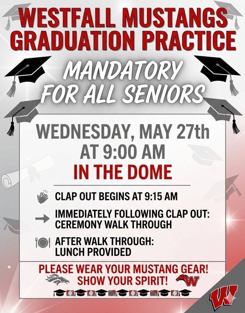 WestfallHS's tweet photo. It’s Grad Week! Senior Clap-Out &amp; practice is May 27 at 9 AM (caps/gowns required). Graduation is on May 29 at 7 PM. No tickets needed. Outdoor photos start at 4 PM; senior check-in at 6 PM; doors open at 6:30 PM; seating is first-come, first-served. https://t.co/Tp1WYphlXU